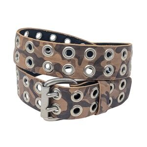 BRAVE Baca II‎ Leather Camo Double Grommet Belt Sz 32 Edgy Y2K Streetwear Unisex